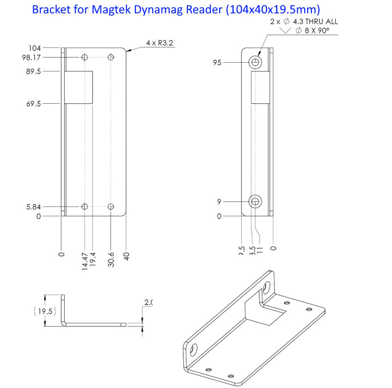 Bracket for Magtek Dynamag USB Swipe Reader, USB KB Swipe Reader, USB SureSwipe Reader used on TABcare 10" & 12" Metal Case